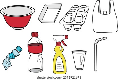 Illustration of plastic garbage such as cup noodles and plastic bottles
