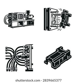 Illustration of a plastic injection molding machine, mold, hydraulic hoses, and a molded plastic part.