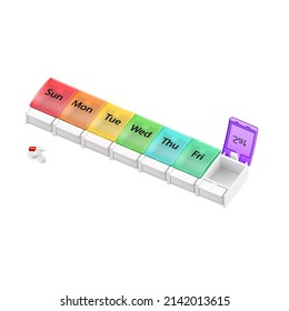 Illustration of Plastic Pharmacy Organizer for Pills for Each Day of the Week on White Background. A Weekly Medicine Dispenser Opened for Saturday
