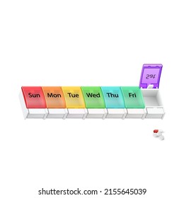 Illustration of Plastic Pharmacy Organizer for Pills for Each Day of the Week. A Weekly Medicine Dispenser Opened for Saturday on White Background