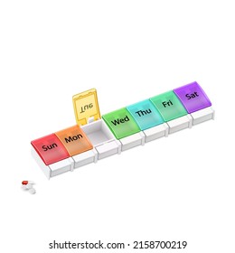 Illustration of Plastic Pharmacy Organizer for Pills for Each Day of the Week. A Weekly Medicine Dispenser Opened for Tuesday on White Background