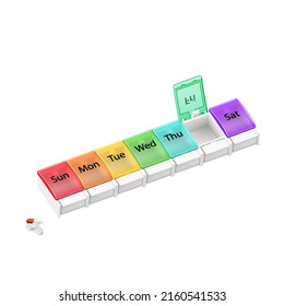 Ilustración del organizador de farmacias plásticas para píldoras en cada día de la semana en blanco. Un dispensador semanal de medicina abierto para el viernes