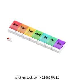 Illustration of Plastic Pharmacy Organizer for Pills for Each Day of the Week on White Background. A Weekly Medicine Dispenser