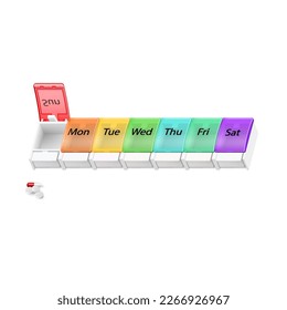 Illustration of Plastic Pharmacy Organizer for Pills for Each Day of the Week on White Backdrop. A Weekly Medicine Dispenser Opened for Sunday