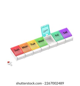 Illustration of Plastic Pharmacy Organizer for Pills for Each Day of the Week. A Weekly Medicine Dispenser Opened for Thursday on White Background