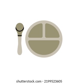 Illustration of a plastic plate and spoon. Mealtime, baby feeding. Cute unisex design for boys and girls. Hand drawn vector illustration isolated on white background. Childhood, baby store concept.