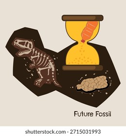 Ilustración de la contaminación por plásticos como un futuro fósil, mostrando una botella de plástico en un reloj de arena junto a los huesos de dinosaurios bajo tierra, simbolizando el tiempo, la permanencia y el impacto ambiental duradero de los desechos plásticos.