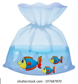 Illustration of a plastic pouch with three fishes on a white background