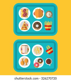 Illustration Plastic Trays with Fast Food (Cheeseburger, French Fries, Bread, Pizza, Chi?ken Legs, Donuts) and Drinks - Vector