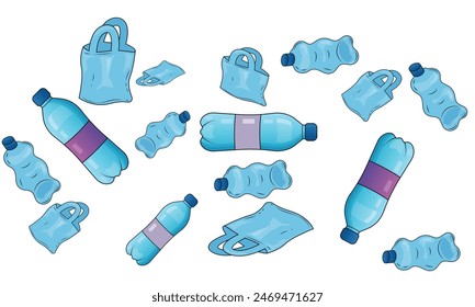Illustration of Plastic Waste Pollution on White Background, Depicting Environmental Impact and Recycling Solutions.