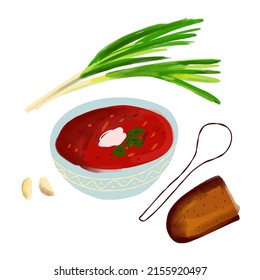 Placa de ilustración de borsch con una tajada de cebolla verde de pan de centeno y ajo aislados en fondo blanco