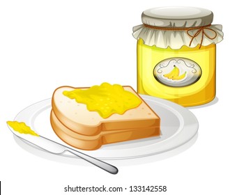 Illustration of a plate with a bread and a jar of banana jam on a white background