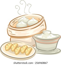 Illustration of a Plate of Dimsum and a Container Full of Meat Buns