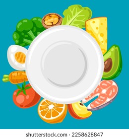 Illustration of plate with food. Healthy eating and diet meal. Fruits, vegetables and proteins for proper nutrition.