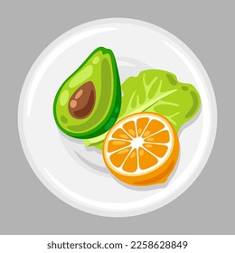 Illustration of plate with food. Healthy eating and diet meal. Fruits, vegetables and proteins for proper nutrition.