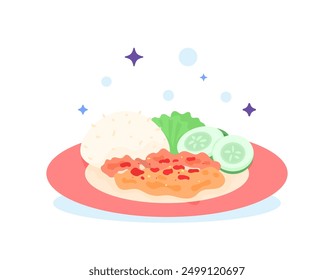 illustration of a plate of geprek chicken. pounded chicken mixed with chili sauce. rice, fried chicken, chili sauce, vegetables, and cucumber slices. food. flat style design. graphic elements