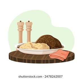 Ilustración de plato con Mole Poblano y arroz, acompañado de molinos de pimienta sobre tablero de madera. Cocina mexicana y plato tradicional.