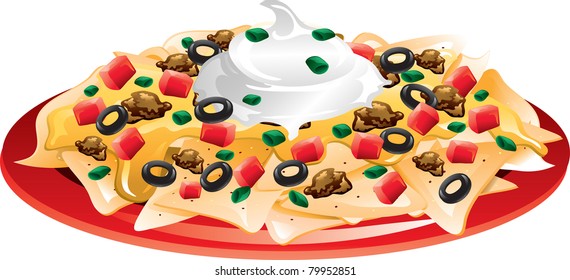 Illustration of a plate of nachos with everything.