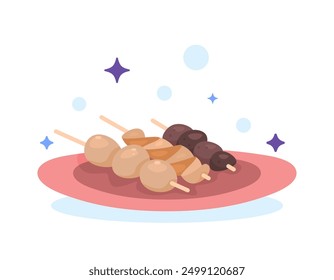 illustration of a plate of quail egg satay, chicken liver satay and intestine satay. quail eggs, liver and intestines are skewered with wooden skewers. food. flat style design. graphic elements