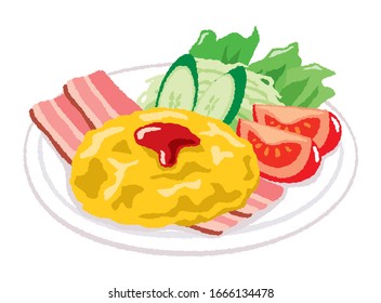 Illustration of a plate of salad with scrambled eggs and bacon