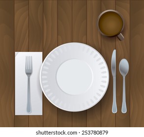 An illustration of a plate, silverware, and cup of coffee sitting on a wooden background. Vector EPS 10. EPS file contains transparencies.