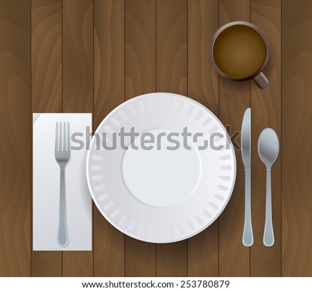 An illustration of a plate, silverware, and cup of coffee sitting on a wooden background. Vector EPS 10. EPS file contains transparencies.