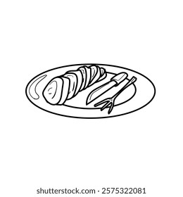 illustration of a plate of steak, black and white cartoon style, vector format, good for children's coloring teaching materials, clothing, and visual elements and others