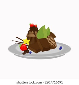 Illustration of a plate with sweets and fruits.