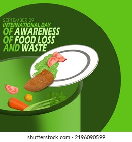 Illustration of a plate throwing whole food into the trash can with bold text on a dark green background to commemorate International Day of Awareness of Food Loss and Waste on September 29