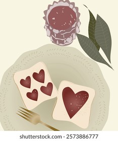 Illustration of a plate of toast with strawberry jam in a love shape and a glass of strawberry juice, symbolizing romance, breakfast, and sweet moments, perfect for food and love-themed design