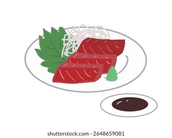 Ilustração de um prato de sashimi de atum, rabanete de daikon picado, e folhas de shiso