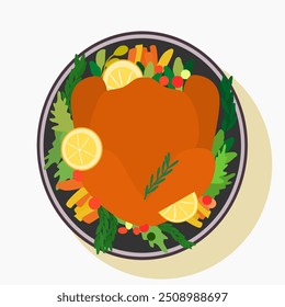 illustration of a plate turkey with vegetables for thanksgiving celebration, flat design
