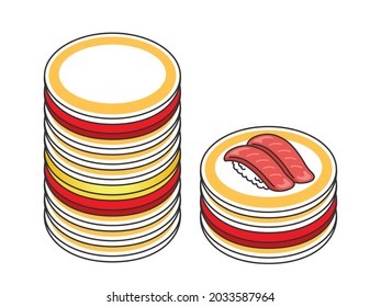 Illustration of plates stacked with conveyor belt sushi.