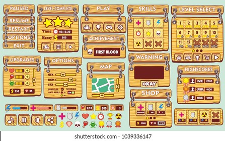 Illustration 
of a platform game user interface, in cartoon style with 
basic buttons and icons for tablet pc