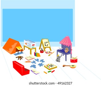 illustration of a play area showing camping ,painting and theater