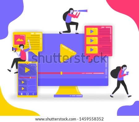 Illustration of play button and playlist. Monitor and smartphone with suscribe video, influencers looking for followers with video platform. flat vector concept for Landing page, website, mobile apps