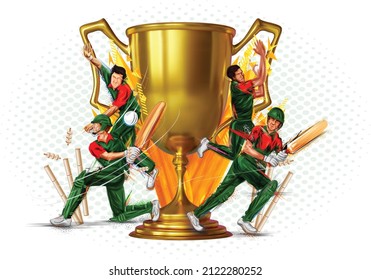 illustration of Player bat, ball, helmet, and trophy on cricket sports background and also winning concept