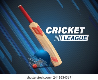 illustration of Player bat, ball and helmet, stadium. Cricket league banner with bat, ball and helmet on dark background.