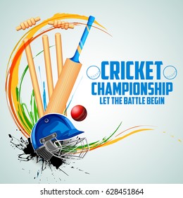 illustration of Player bat, ball and helmet on cricket sports background