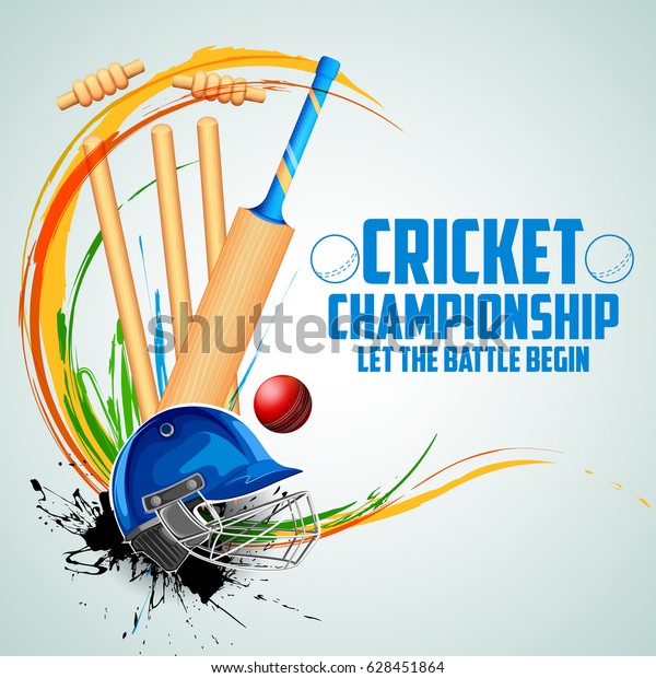 illustration of Player bat, ball and helmet on\
cricket sports\
background