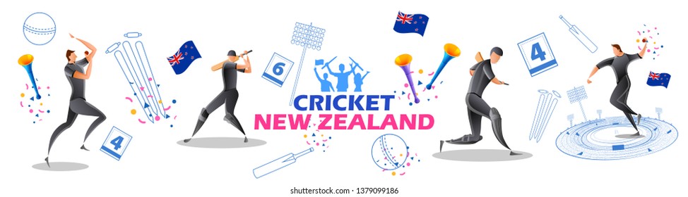 illustration of Player batsman and bowler of Team New Zealand playing cricket championship sports