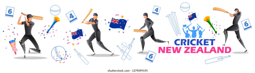 Illustration Of Player Batsman And Bowler Of Team New Zealand Playing Cricket Championship Sports