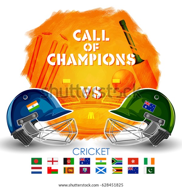 illustration of Player helmet on cricket background\
and VS versus\
text