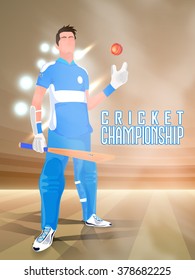 Illustration of a Player holding bat and ball on night stadium light background for Cricket Championship concept.