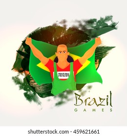 Illustration of a player holding Brazilian Flag on abstract background for Sports concept.