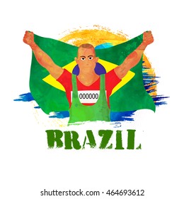 Illustration of a player holding Brazilian Flag on abstract background for Sports concept.