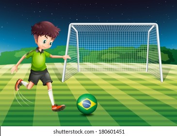Illustration of a player kicking the ball with the flag of Brazil