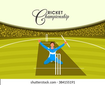 Illustration of a player in winning pose on stadium background for Cricket Championship concept.