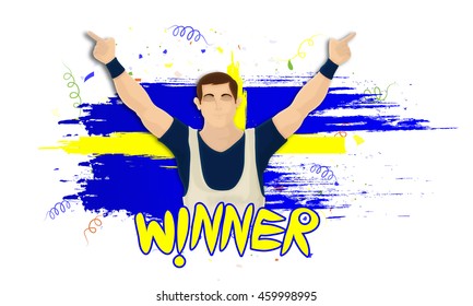 Illustration of a player in winning pose on Sweden Flag colors background for Sports concept.