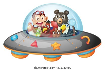 Illustration of the playful animals inside the saucer on a white background